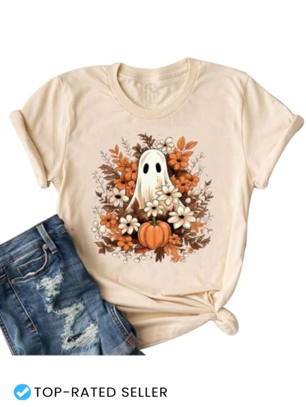 Funny Pumpkin Printed Cute T Shirt Women Fall Graphic Tee Cotton Blend Short